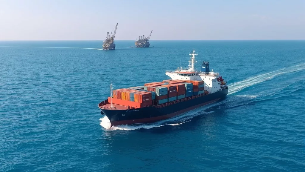 Грузовое судно на Каспийском море рядом с нефтяной инфраструктурой