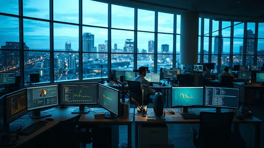 Офис IT-компании с рабочими станциями разработчиков и экранами с кодом