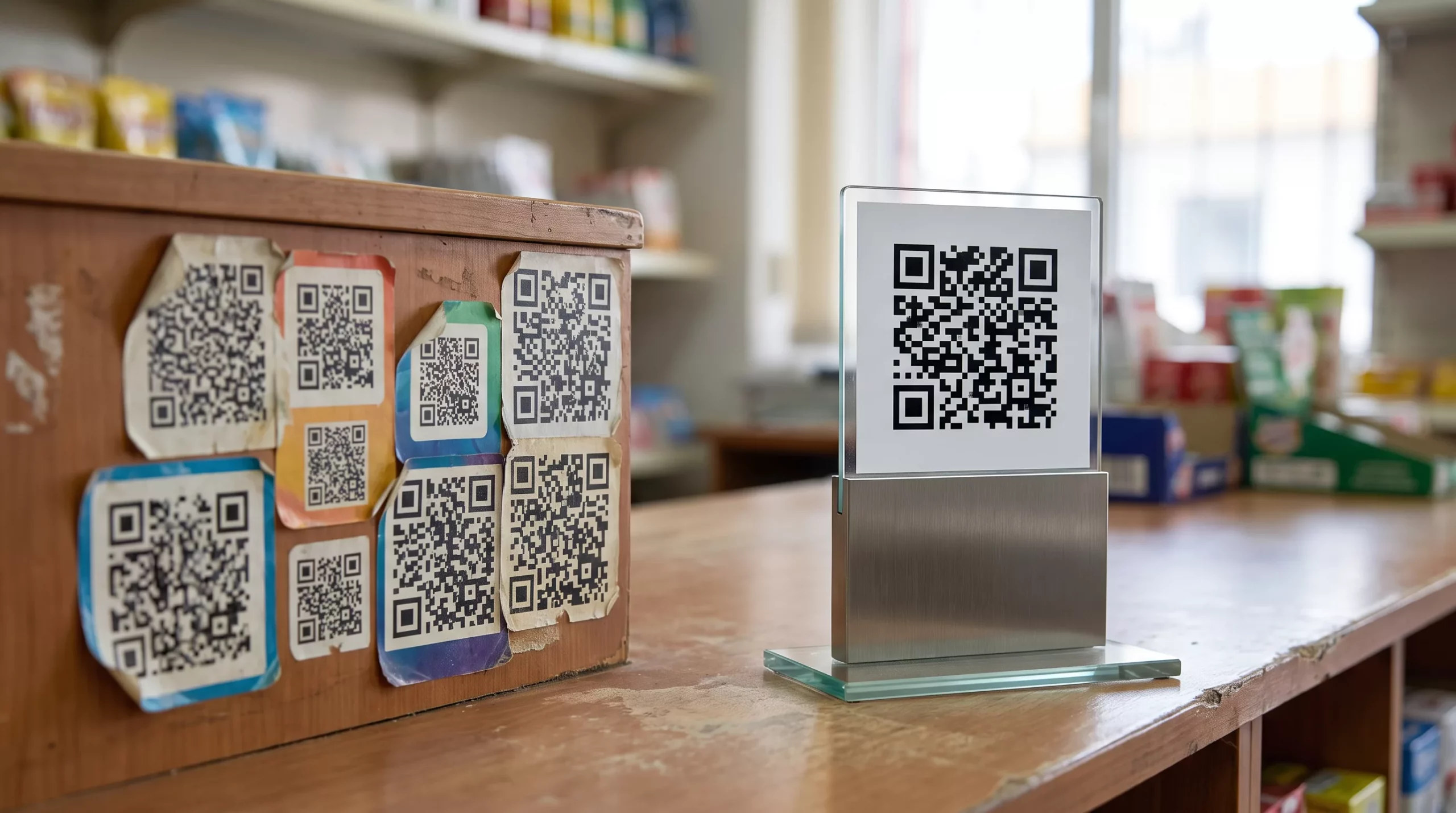 Разные QR-таблички банков и единый QR оплата картой на кассе магазина