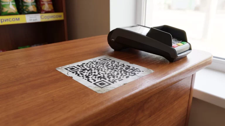 Единый QR код на кассе магазина в Казахстане рядом с банковским терминалом