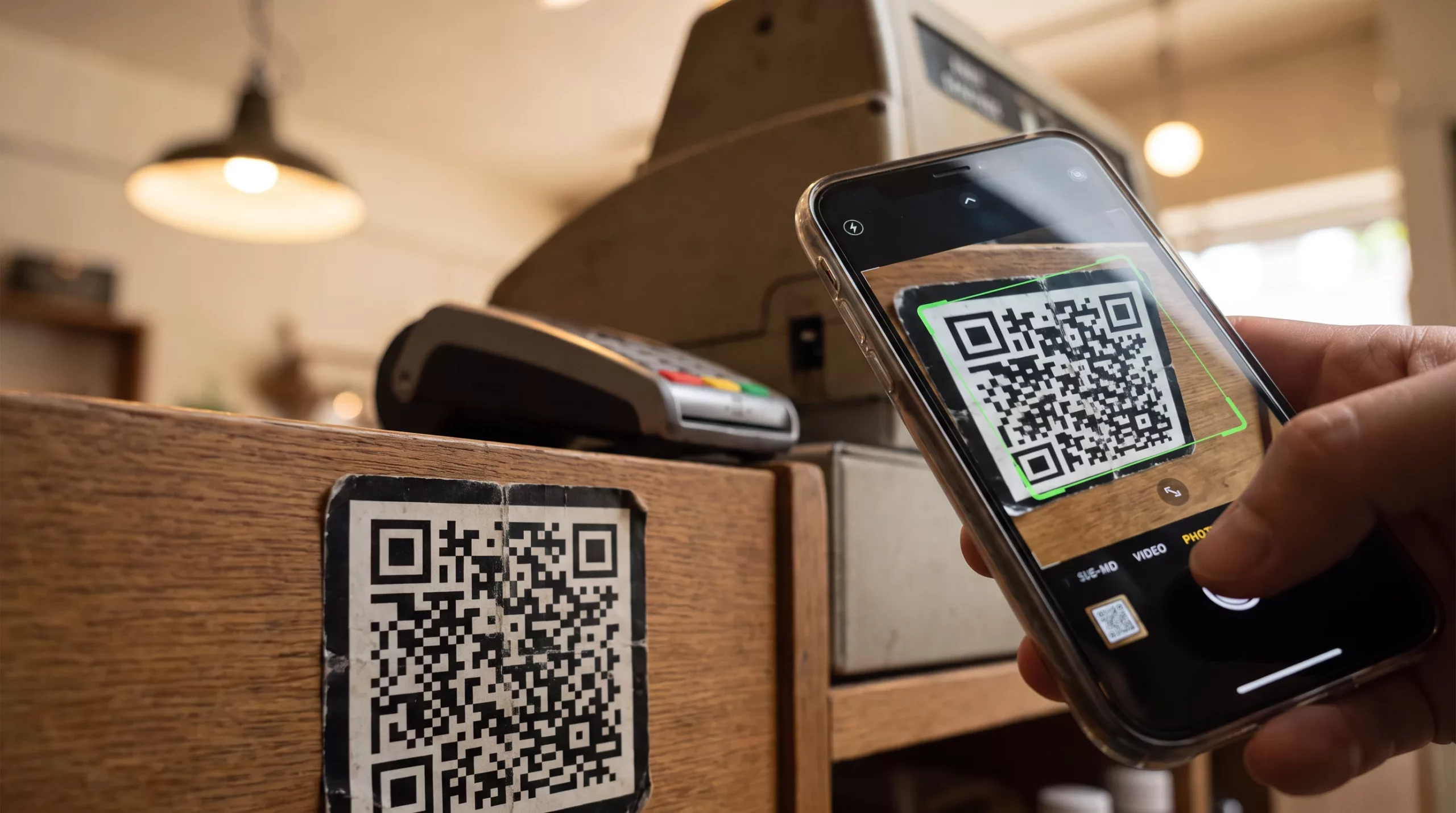Клиент сканирует единый QR Kaspi для оплаты покупки в магазине