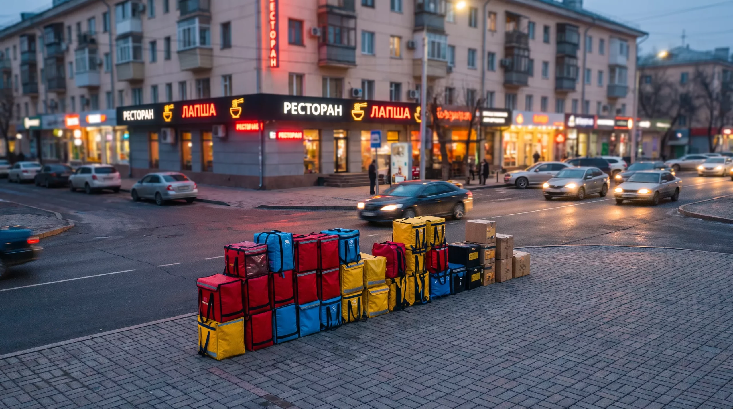 Рынок доставки еды в Казахстане: сумки курьеров на фоне вечернего города