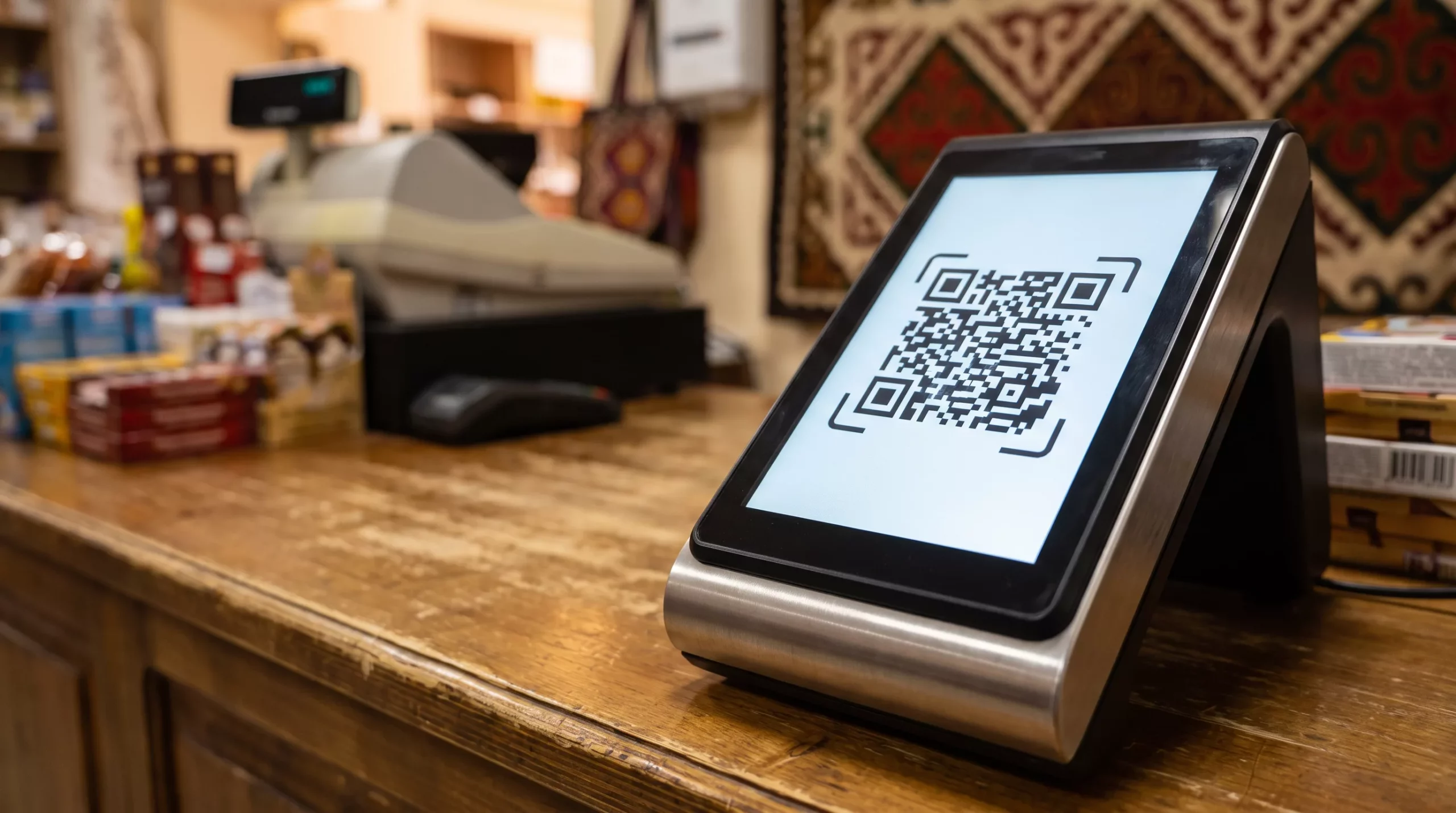 Оплата через Kaspi QR на терминале в казахстанском магазине