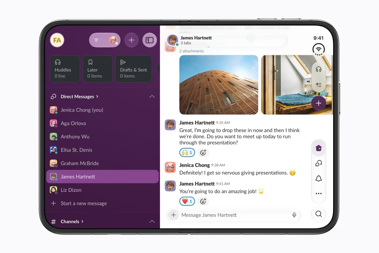 Интерфейс Slack на большом внутреннем экране iPhone Duo